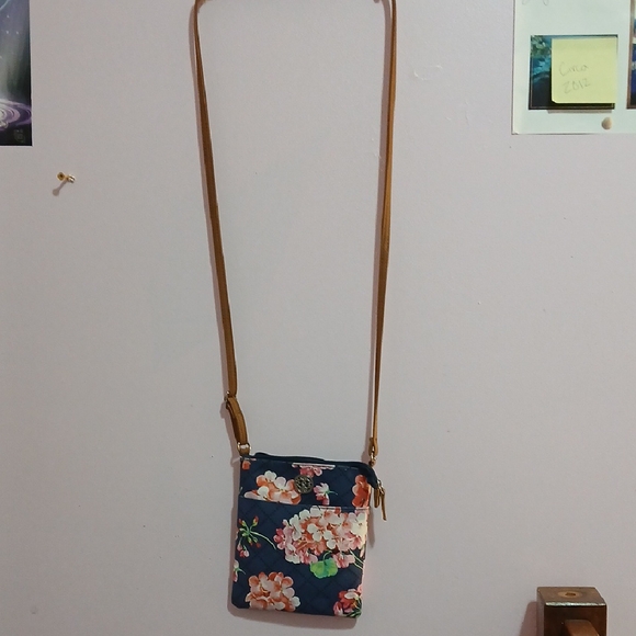 Handbags - Elegant Floral Crossbody Bag - Navy and Tan